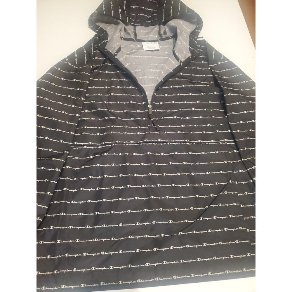 Champion Windbreaker Hoodie Jacket Mens Medium All Over Print Script Logo Black
